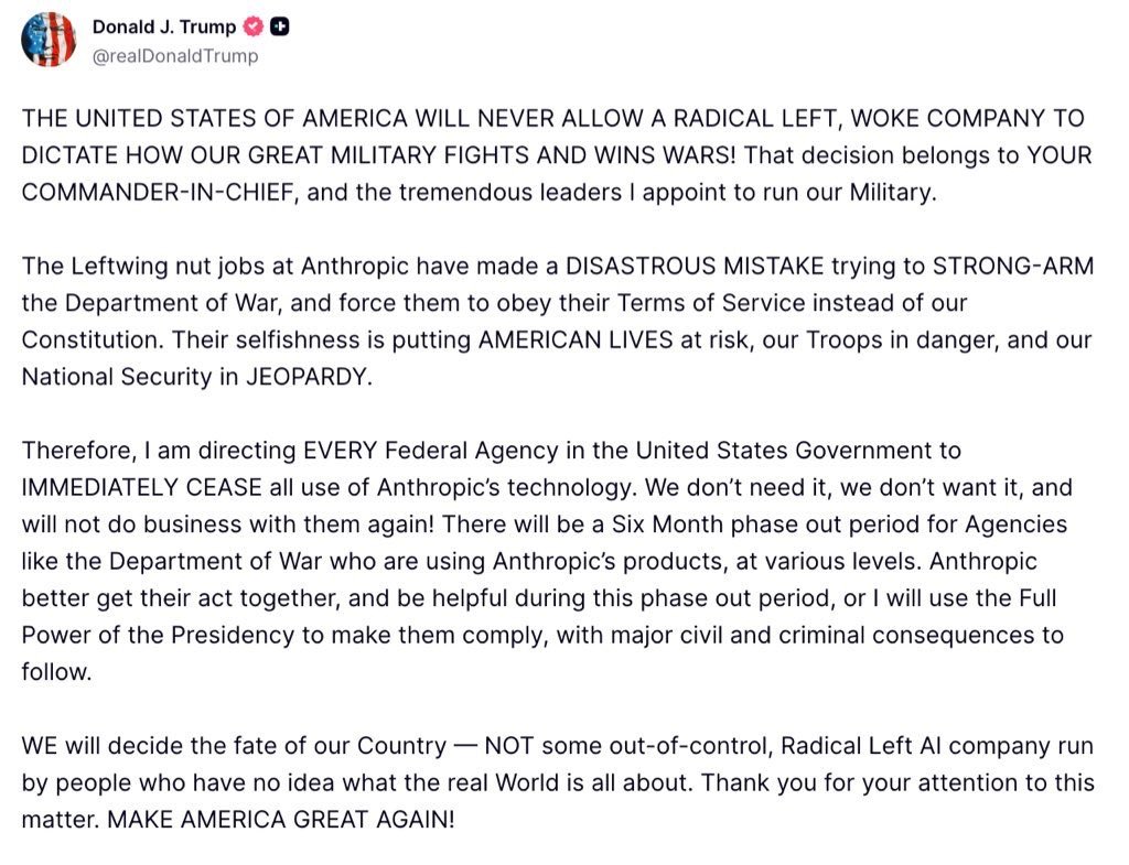 UnbiaslyAI's tweet photo. Breathing 🚨 -

Big tech shake-up: Trump directs all U.S. federal agencies to phase out Anthropic’s AI within six months, calling it a matter of national security and presidential authority. https://t.co/ishXmFNe0P