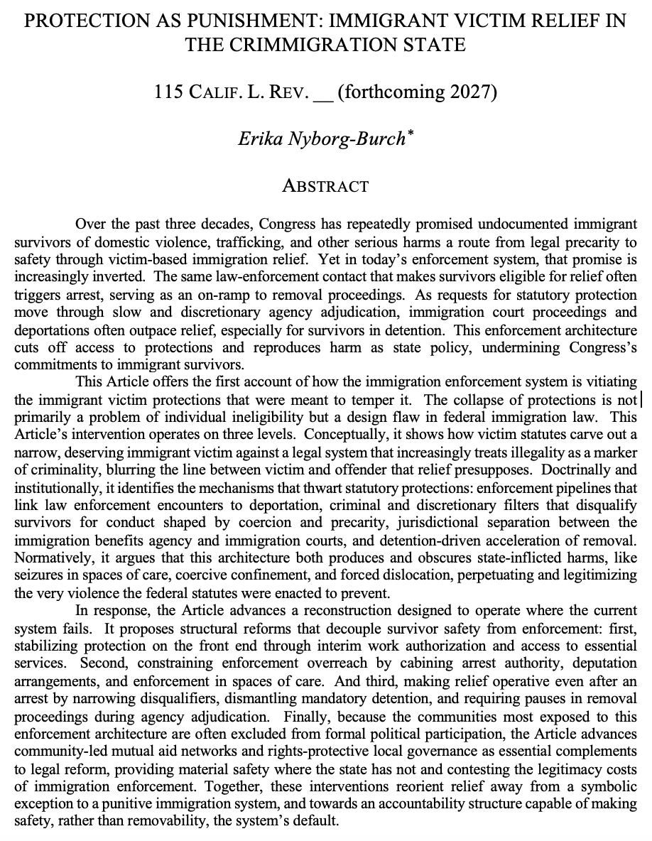 ErikaNyborgB's tweet photo. I am excited to share that my article, Protection as Punishment: Immigrant Victim Relief in the Crimmigration State, is forthcoming with the @CalifLRev.  Thanks to all who read prior drafts and shared feedback, and to the editors at CLR! https://t.co/XOd8yldgC5