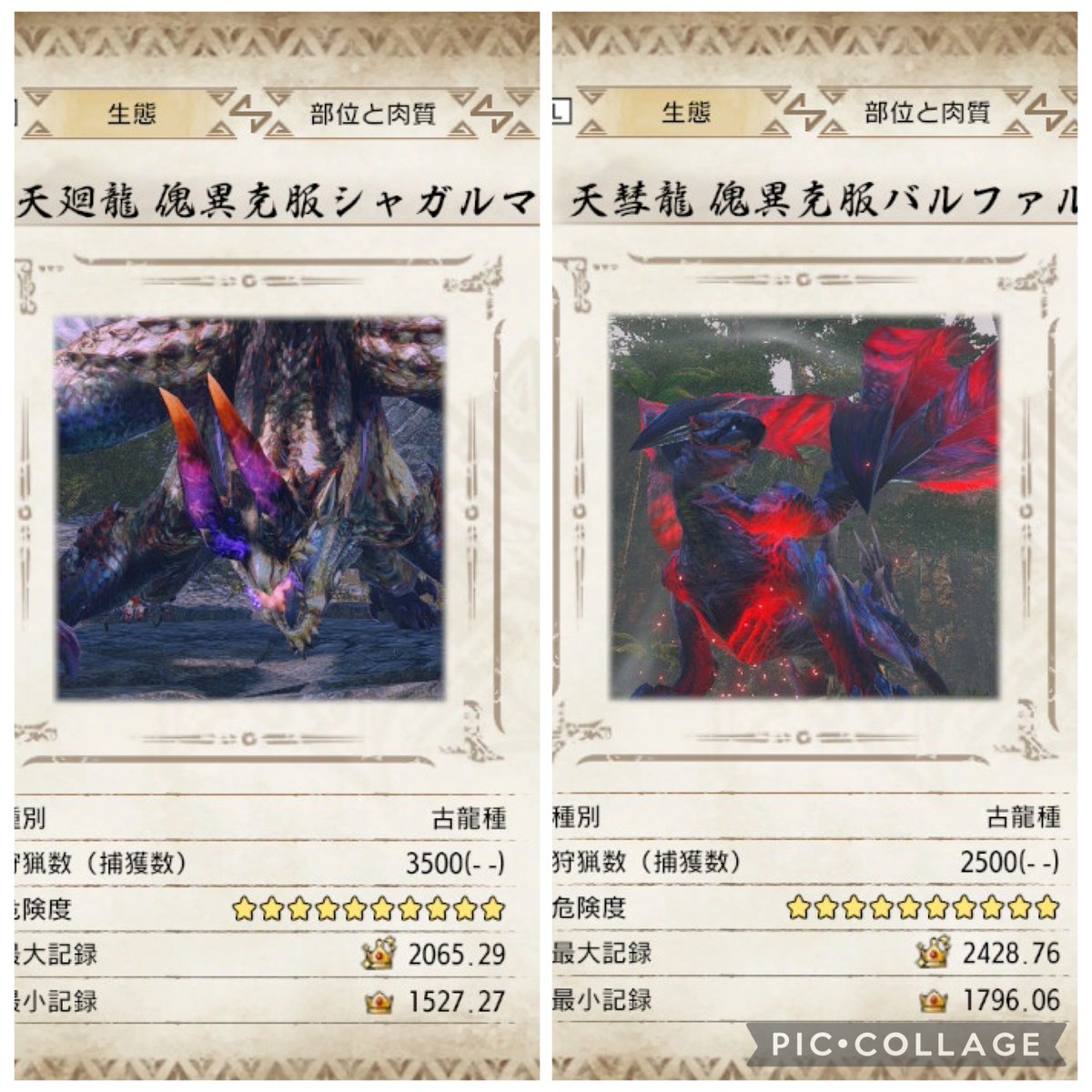 KAZ01_24's tweet photo. #傀異克服シャガルマガラ　3500討伐
#傀異克服バルファルク　2500討伐

両者の2000討伐はほぼ同時期、あれからバルクとの交戦機会はそう多くなかった訳か、意外なことだ

ぴのさん(@pinopppppi )にはリオレイア1000を添えていただきました
好物レイアを断食しての調整、ありがとだよ😊
#サンブレイク https://t.co/CouyoqppTl