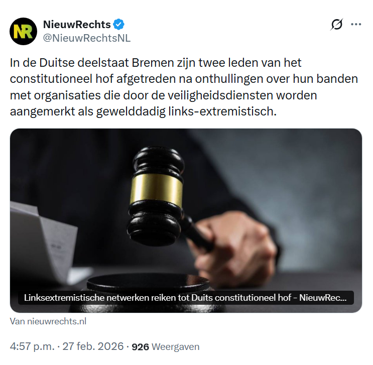 "In (...) Bremen zijn twee leden van het constitutioneel hof afgetreden na onthullingen over hun banden met organisaties die door de veiligheidsdiensten worden aangemerkt als gewelddadig links-extremistisch."

Niets hierover bij de <a href="/NOS/">NOS</a> van Charlotte Waaijers en Chiem Balduk. 1/3