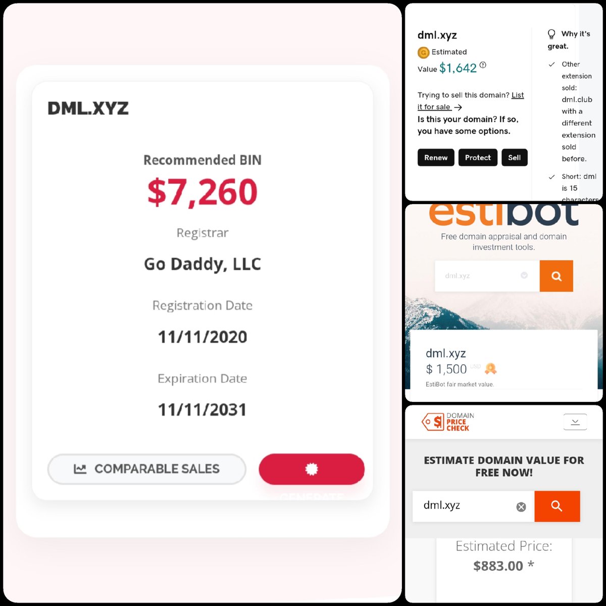 🌐 DML .xyz

💰 Sold Price : $7,750

✔ @DNRater Recommended BIN : $7,260 😍
✔ Godaddy Estimation : $1,642
✔ Estibot Valuation : $1,500
✔ InternetX Appraisal : $883

📌 Venue : <a href="/afternic/">Afternic</a> 
📆 2026-02-26