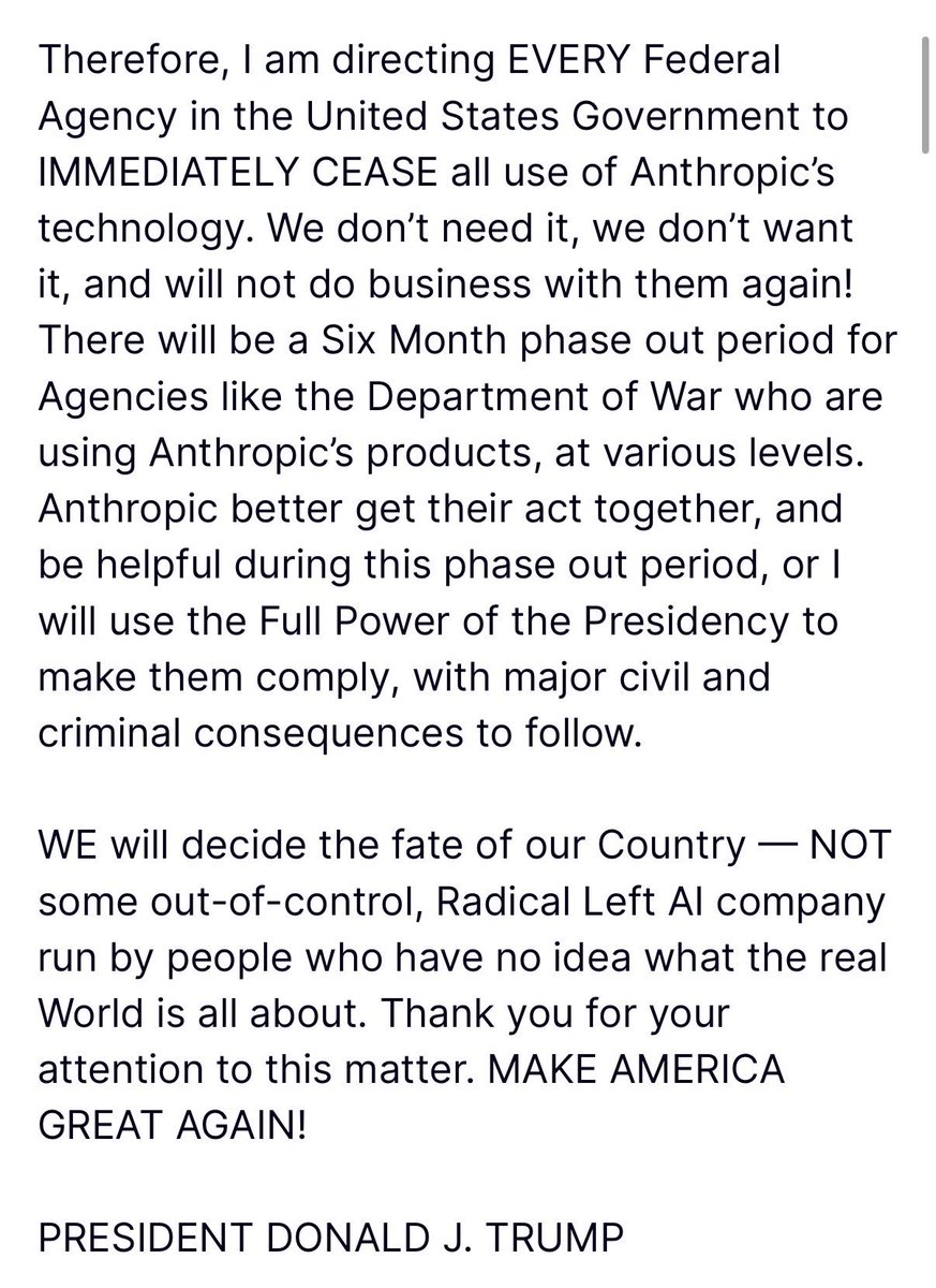 🚨 BREAKING: Trump tells ALL OF GOVERNMENT to stop using Anthropic’s products EFFECTIVE IMMEDIATELY