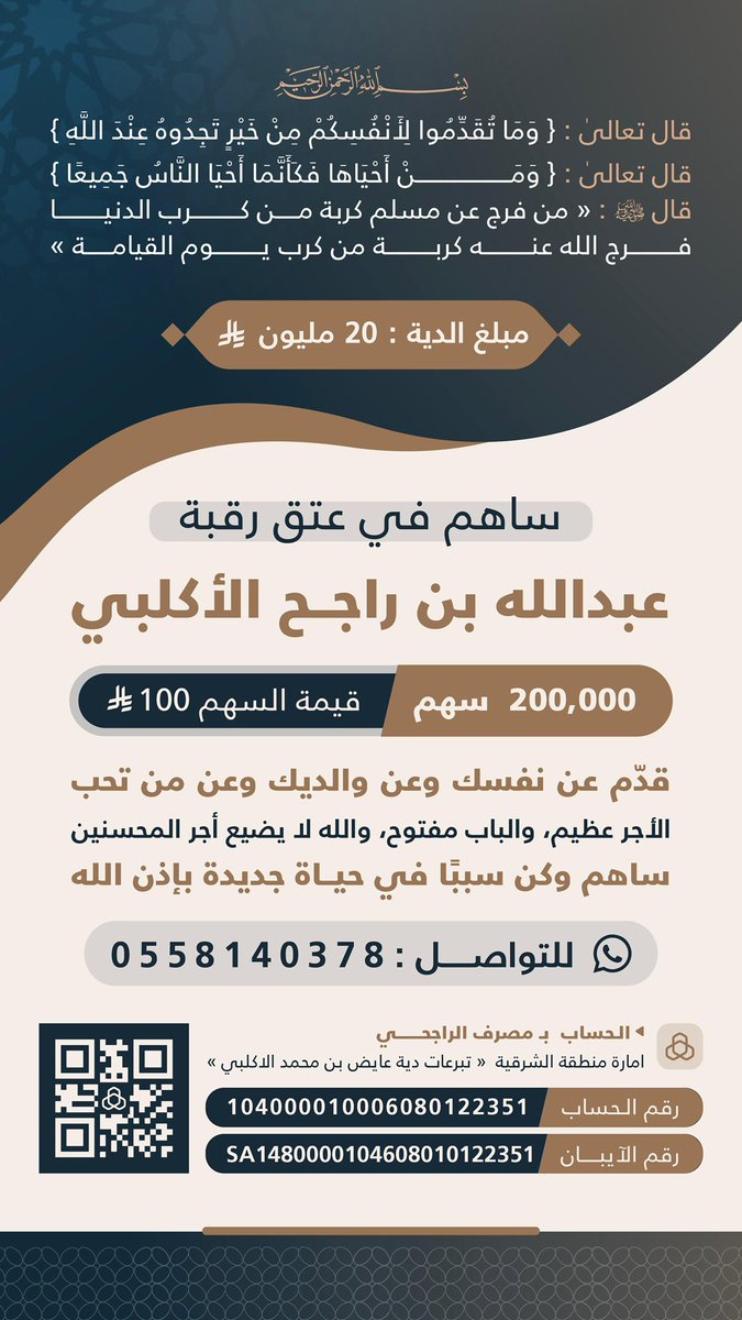 الفرج قريب بإذن الله ..
فقط يحتاج أيدٍ متعاونة وقلوب صادقه .

#عتق_رقبة_عبدالله_راجح