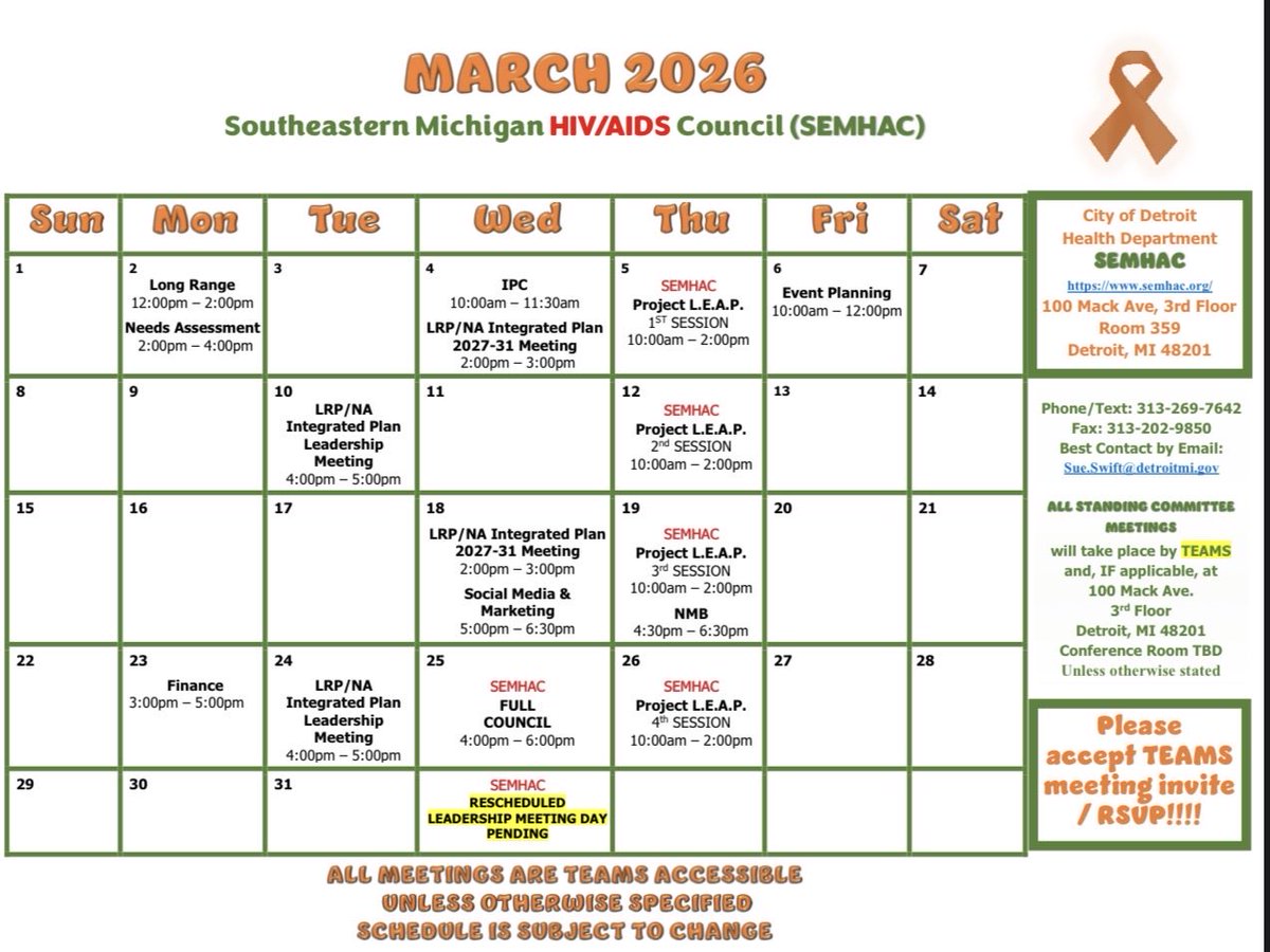 SemhacMichigan's tweet photo. SEMHAC 2026 👥🤩
(Southeastern Michigan HIV/AIDS Council)

MARCH 2026 Calendar 🏀🏆🚧⛅️

SEMHAC IS the Community's Voice &amp; Input 🗣️💭📣📢🎙️📸📹

Register and attend various SEMHAC committee meetings conducted by TEAMS at https://t.co/hLLecq06Ma 📞📱💻🖥️ https://t.co/FqcnVJIHt2