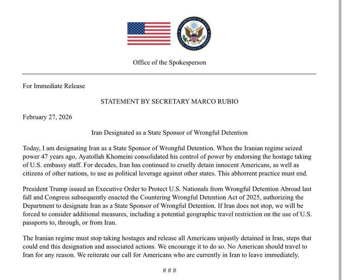 🇺🇸🇮🇷 | ÚLTIMA HORA: EE.UU. insta a los estadounidenses a abandonar Irán de inmediato y lo designa como "Estado patrocinador de detenciones injustas".