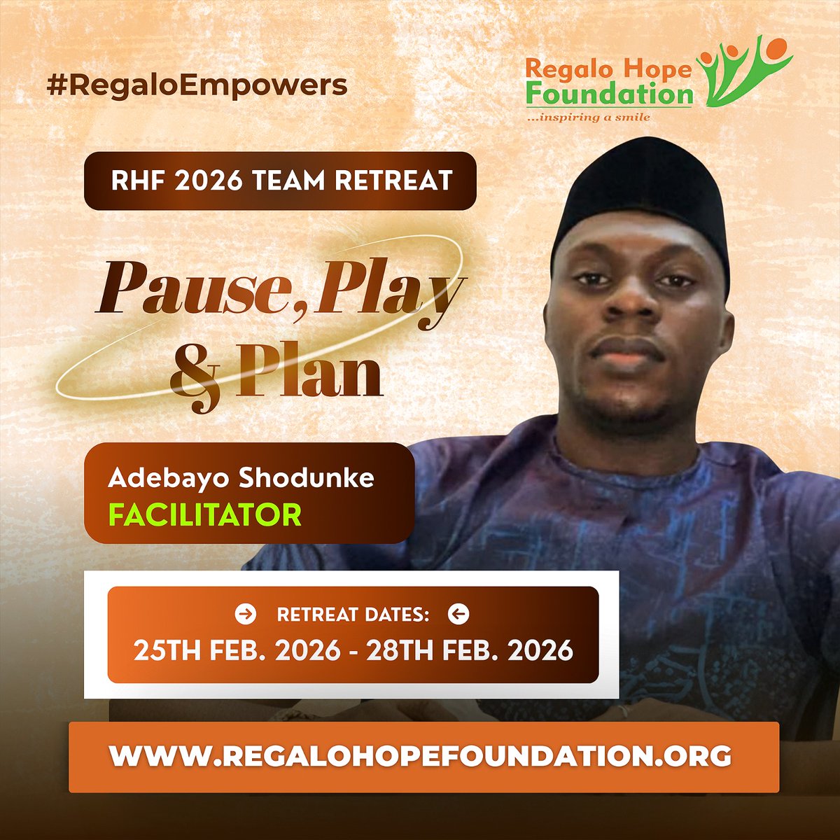 RegaloHope's tweet photo. We are excited to announce that Adebayo Shodunke will be serving as both Facilitator and Judge for our highly anticipated Old School Parade today at the RHF 2026 Team Retreat. https://t.co/H5Vl4B3vbR