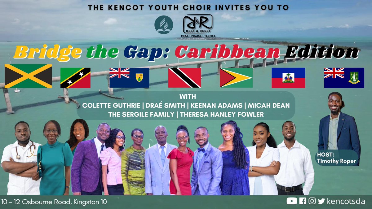 "REST &amp; RESET: Bridge the Gap (Caribbean Edition)." Host: Timothy Roper. Guests: Drae Smith (British Virgin Islands),Colette Guthrie (Guyana),
The Sergile Family (Haiti), Theresa Hanley Fowler (St. Kitts &amp; Nevis), Keenan Adams (Trinidad &amp; Tobago),Micah Dean (Turks &amp; Caicos)