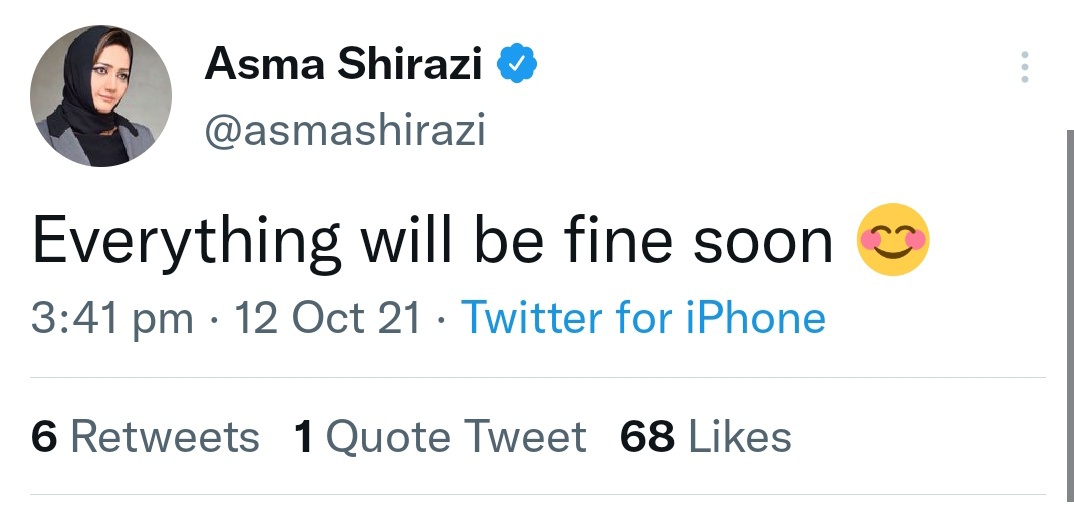 Obibhatti's tweet photo. 12 اکتوبر 2021 کو عاصمہ شیرازی صاحبہ نے خوشخبری دی تھی کہ سب جلد ٹھیک ہو جائے گا۔

کیا آپ جانتے ہیں کہ 12 اکتوبر 2021 کے آس پاس کیا ہوا تھا؟ https://t.co/Ej3KBvwRG5