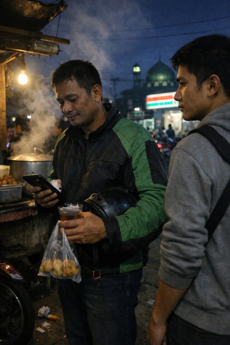 Subuh ini jam 03.17 pagi.

Gue lagi ngantri beli nasi uduk buat sahur. Mata masih setengah melek. Grup keluarga udah rame kirim suasana sahur pagi ini.

Di depan gue, ada Ojol. Mukanya keliatan belum tidur. Dia gak beli nasi uduk. Cuma beli gorengan beberapa biji sama teh panas.
