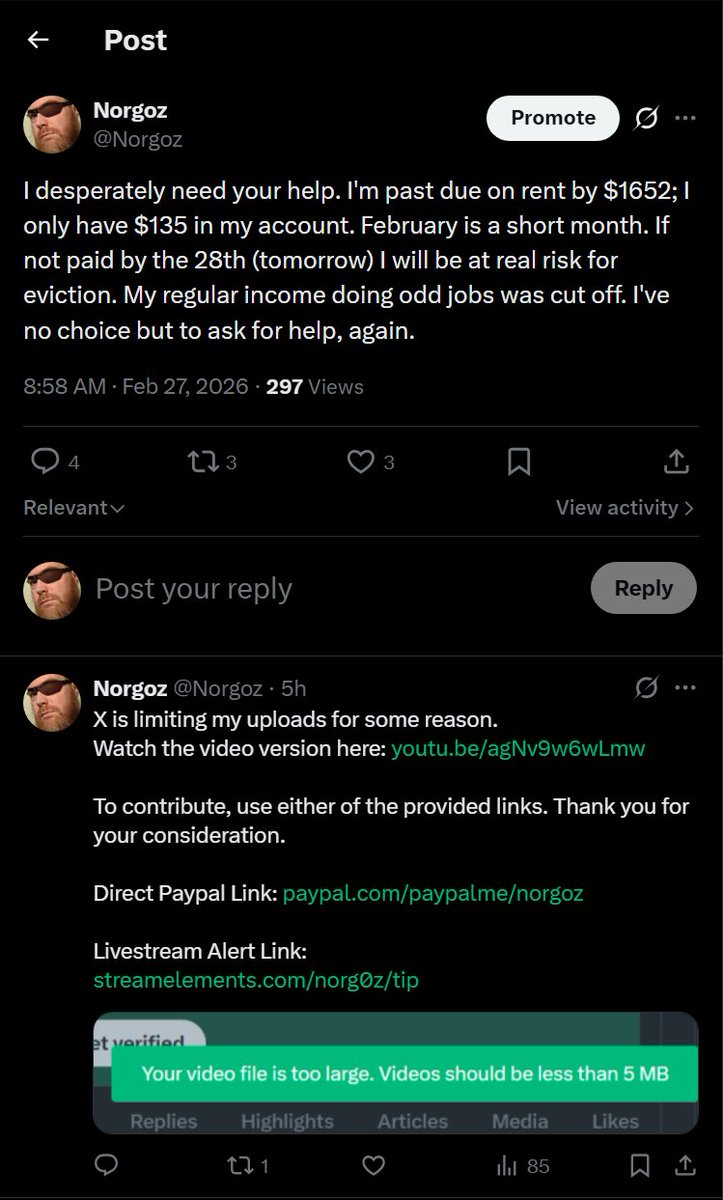 Good news! Gonna take down this post as the imminent threat has passed with the support of a friend. That said, if anyone is willing to throw a dog a bone towards a head start on March, it would be welcome.

Thank you all for the kind comments and support. I'm grateful.