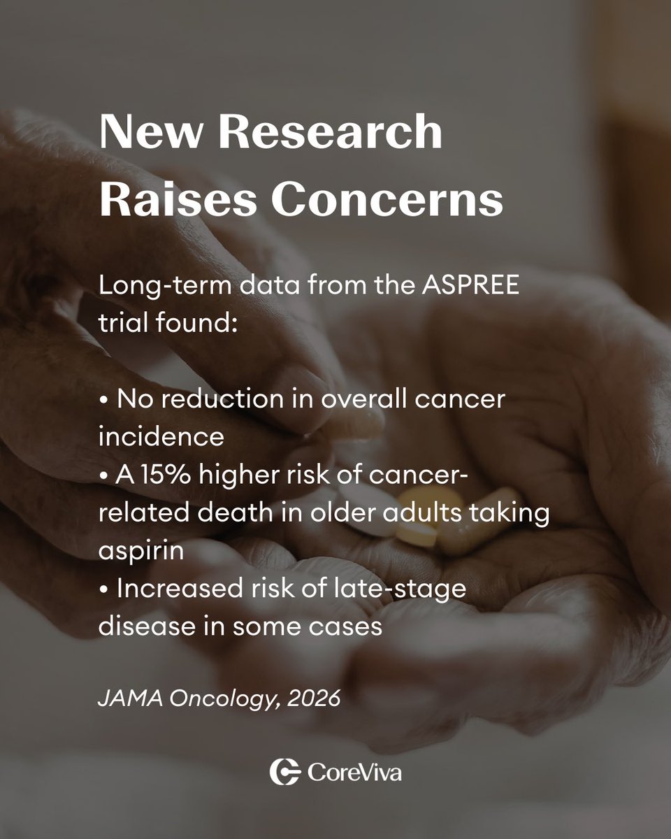 CoreViva's tweet photo. New data from the ASPREE trial: low-dose aspirin did NOT reduce cancer incidence in older adults and was linked to HIGHER cancer mortality risk.

Cancer often develops silently.
Whole-body MRI provides proactive, radiation-free screening when it matters most.

Know Your Body. https://t.co/N8uVJ5jBQt