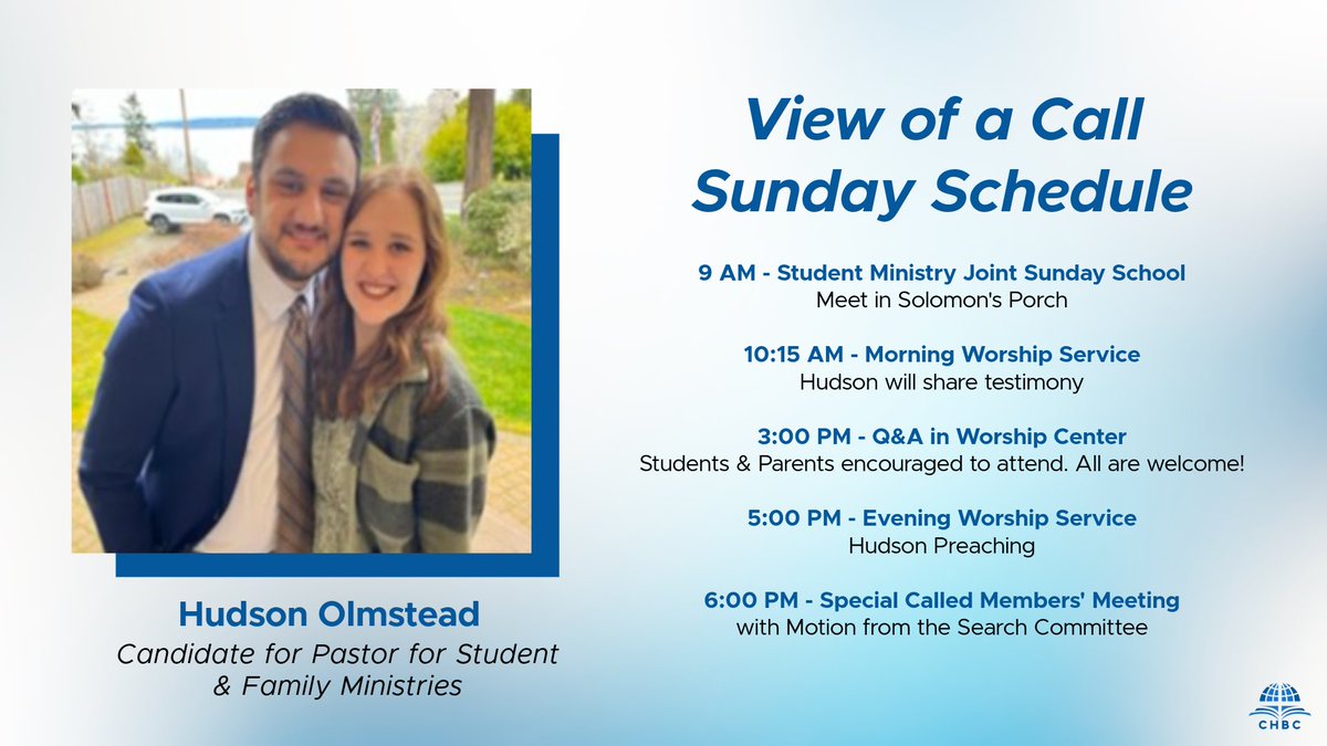 Hudson Olmstead will be present Sunday, March 1, 2026 as a candidate for the position of Pastor for Students and Families. You will have several opportunities to meet Hudson and his wife, Audrey. #CHBCOKC
