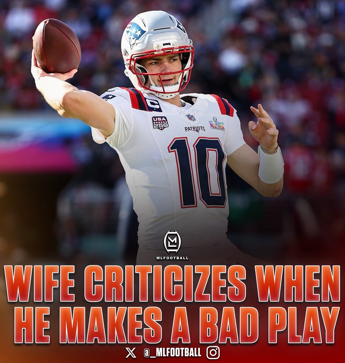 MLFootball's tweet photo. 🚨NEWS: New England #Patriots star quarterback Drake Maye revealed that his wife Ann Michael has a list of criticisms for him after the game of mistakes he made during the game.

Ann Michael’s father played college ball and she has been dating Drake since they were 12 years old. https://t.co/UYxYdUEtbs