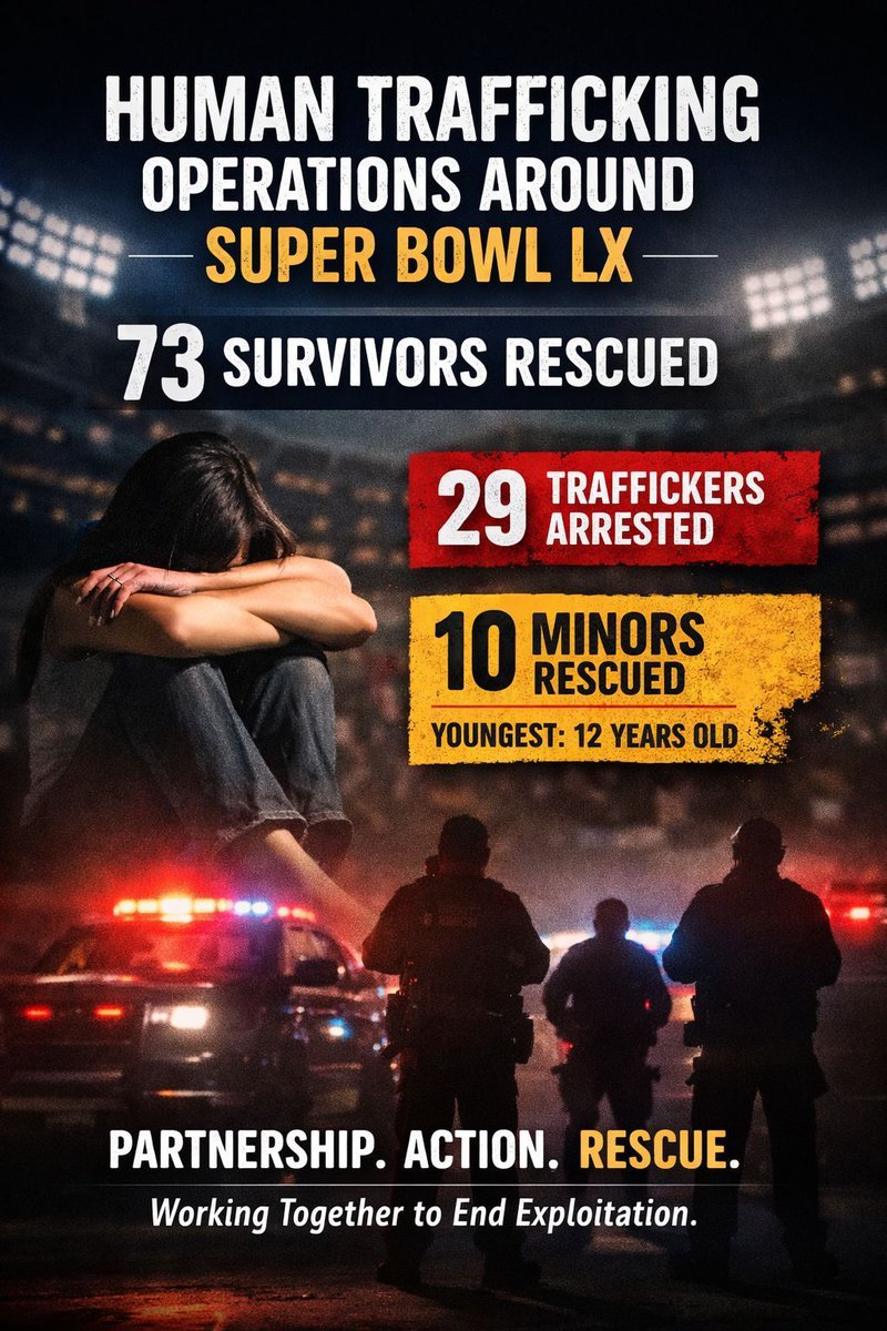 Arukah_Project's tweet photo. During Super Bowl LX in the Bay Area, a task force made significant progress in protecting survivors and holding traffickers accountable. 

✨ 🧑‍⚖️ 29 traffickers arrested 🙌 73 survivors rescued, including 10 minors, with the youngest being 12. 

#EndHumanTrafficking https://t.co/xL6Epno1zA