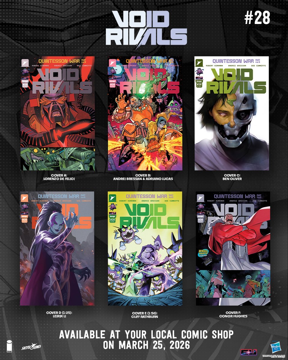 Skybound's tweet photo. First Look: The Quintesson War continues on March 25 in Void Rivals #28, the high stakes space opera from Robert Kirkman, Andrei Bressan, Dee Cunniffee &amp; Rus Wooton. 
 
Tremble before the awesome might of the Quintesson Tribunal!
 
Preorder now at your local comic shop. https://t.co/VVfvZfNzHI