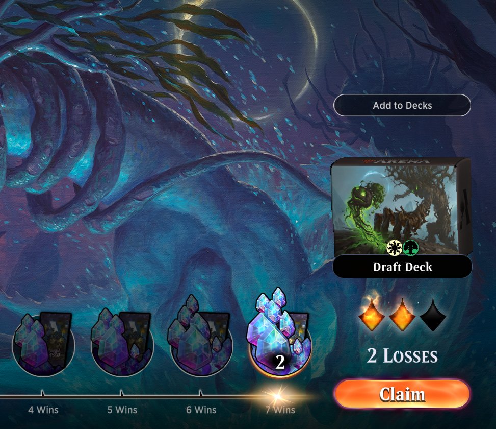 starts with a GW aiming for a moest Kithkin. Draft derails into goop (happens easily in Lorwyn Eclipse). Salvage it by pivoting into Vivid. Curves out early Pummeler + removal 7 times and wins anyway.

Spry and Mighty underperforms badly. Gilt-Leaf's Embrace MVP.