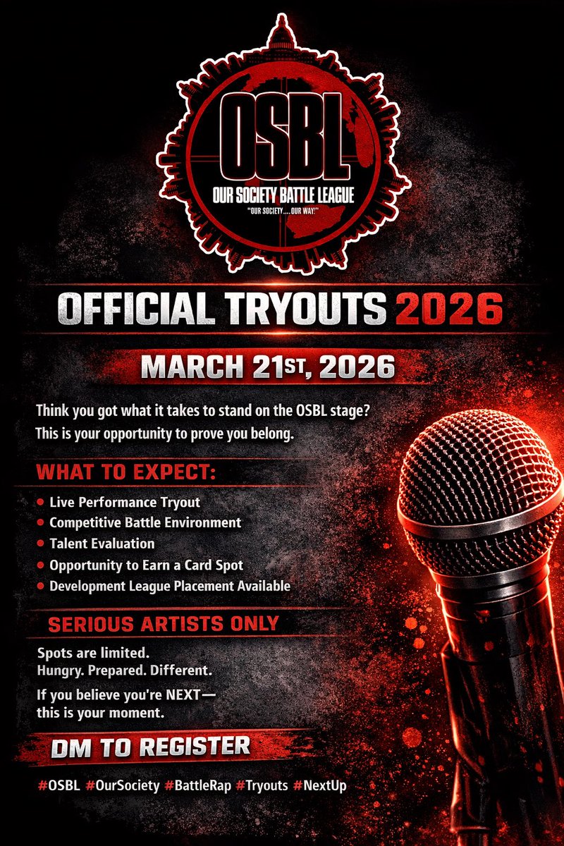 DjNikJefe's tweet photo. 🎤🔥 OSBL TRYOUTS 🔥🎤

March 21st, 2026

Think you’re built for the stage?
Come prove it.

Serious artists only.
Spots limited.

DM @DjNikJefe 
@Its_OurSociety 

#OSBL #BattleRap #OurSociety #Tryouts #NextUp https://t.co/A0vsJlKleg