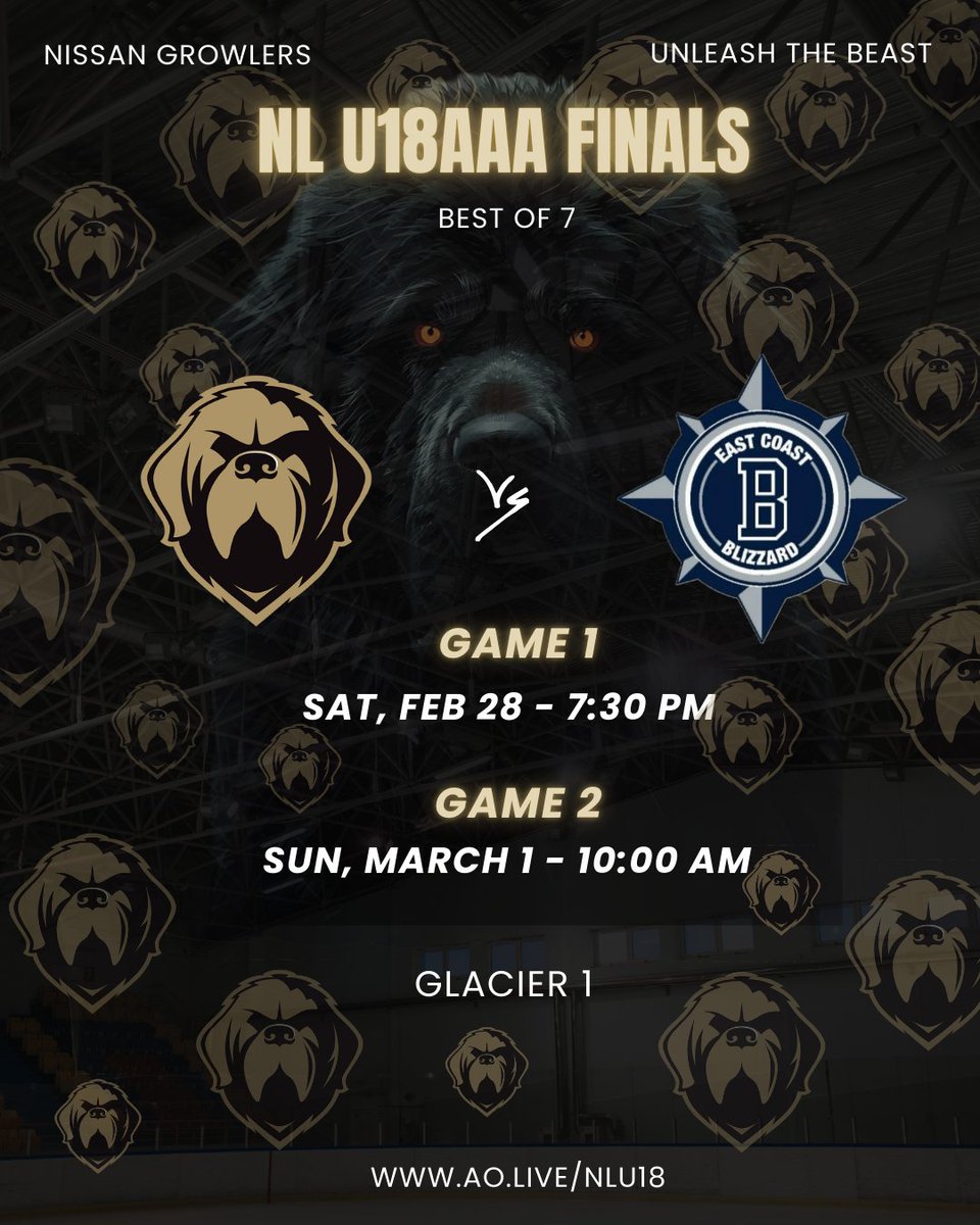 AAAGrowlers's tweet photo. We continue our @NLU18MHL play-offs this weekend as we take on our crosstown rivals @EC_Blizzard in the finals. Game 1 goes tomorrow night and Game 2 Sunday morning, both at the Glacier. #Woof #NoTimeOff https://t.co/9Rmm7NH3gi