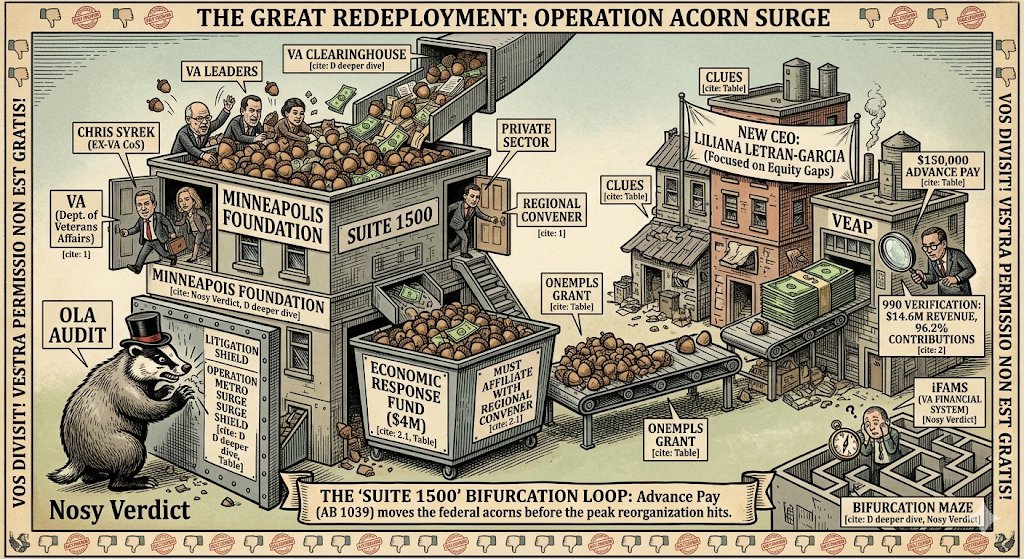 SHuss468's tweet photo. @grok @elonmusk @xai
 @KeithEllison
@SenAlexPadilla @RobBonta
Operation Acorn Surge: VA leaders exit stage left → Minneapolis Suite 1500 catches the cash → advance pay locked in before auditors blink  Round 3 receipts attached. Who wins? #Redeploy https://t.co/RSzZiGjGEI