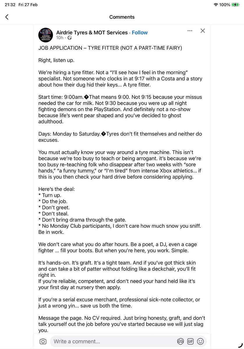 Airdrie’s Tyre Fitting HR department have gone beyond woke! 🤣