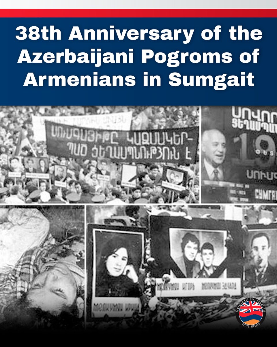 ANCUK_org's tweet photo. Today marks the 38th anniversary of the Sumgait pogrom. In 1988, organised mobs in Azerbaijan targeted Armenians in Sumgait with murder, rape, arson and looting, while authorities failed to intervene. Sumgait was not random violence. https://t.co/ajRpc14MnR