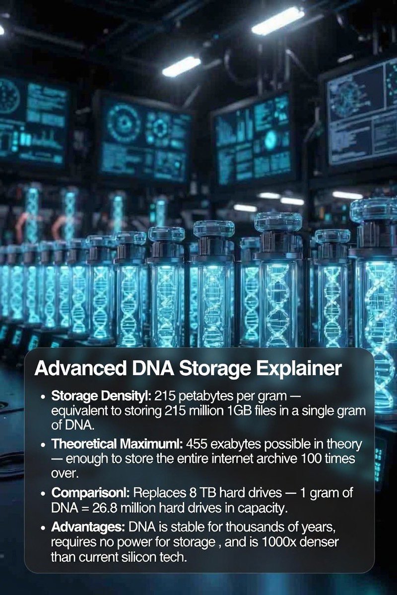 thesimhacker's tweet photo. 🤯 1 gram of DNA = 215 petabytes of storage!  
That's 215 MILLION GB — enough for millions of 4K movies or the entire internet archive many times over.  

Nature's ultimate hard drive: ultra-dense, lasts millennia, zero power needed once written.  

Future data centers = tiny vials? 🧬💾 #DNAStorage #FutureTec