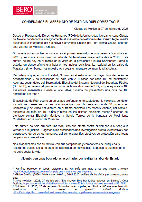 Desde el PDH Ibero, condenamos enérgicamente el asesinato de la madre buscadora Patricia Rubí Gómez Tagle en Mazatlán, Sinaloa.

Nuestra solidaridad con su familia y el colectivo Corazones Unidos por una Misma Causa