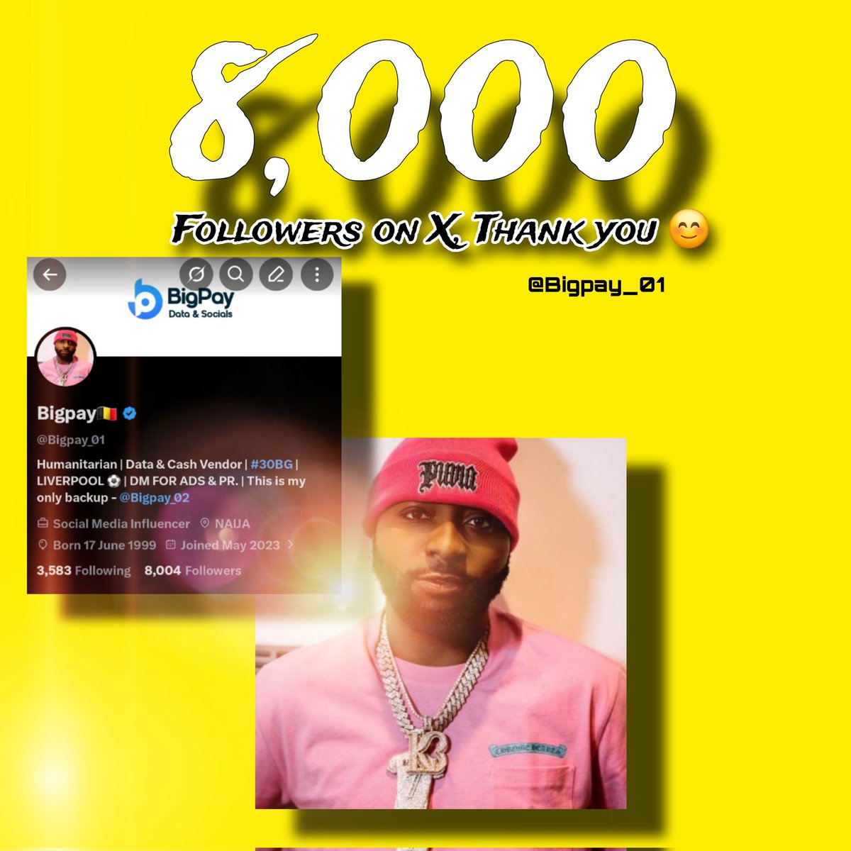 Thank you, 8,000 Bigpay Family on X ❤️. It's been a long way coming. Special thanks to my Boss &amp; Big Sis <a href="/PreciousFolake2/">Precious Folakemi</a> for the push. I am really grateful I swearrrr🙏🏽.  

My body just dey swt me cuz omo I don try for this app 😂😂😭❤️❤️❤️❤️❤️❤️❤️❤️❤️🥂🥂