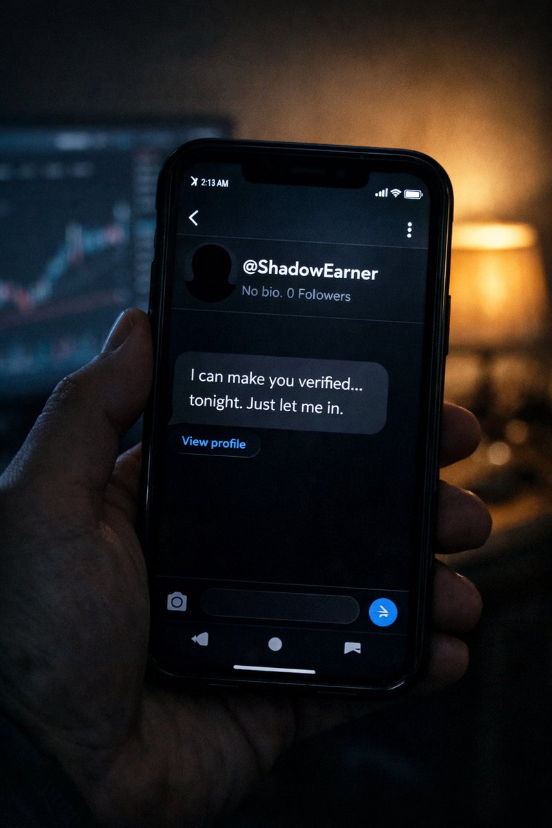 It was 2:13AM. Tobi got a DM from <a href="/ShadowEarner/">Copy Earnings🟠🔱</a> ,no bio, no tweets.
Message "I can make you verified… tonight. Just let me in.”
He laughed. Then the message changed: “I’m already inside.”
Tobi froze. Shadows in the room seemed to move closer.