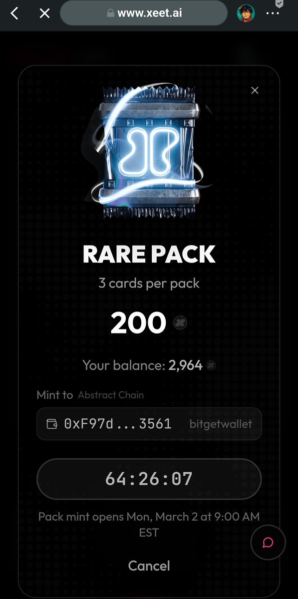 Excited for the pack mint drop on <a href="/xeetdotai/">xeet</a> ! With 2,964 Xeets in the bag, I'm eyeing those Rare Packs (200 Xeets, 3 cards) and maybe a Legendary (1,000 Xeets, 5 cards) for some epic creator cards on Abstract Chain. Opens March 2 at 9AM EST – countdown's on! 🚀 #XeetAI