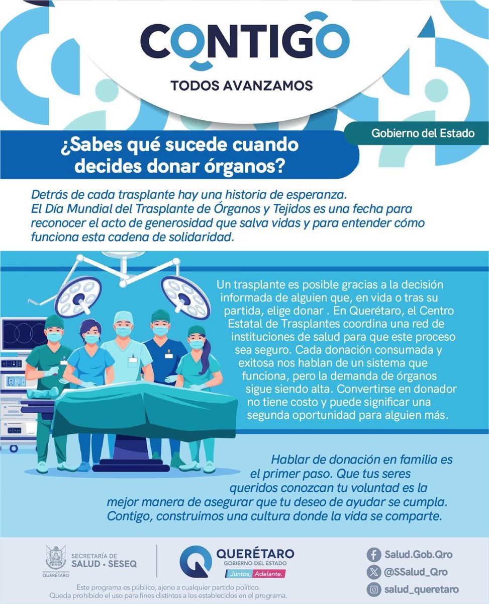 En el Día Mundial del Trasplante recordamos que cada donación es esperanza y vida para alguien más. 💚

La decisión es personal y voluntaria; lo más importante es que tu familia conozca tu voluntad. Infórmate en tu centro de salud.

#CONTIGO la esperanza se trasplanta.