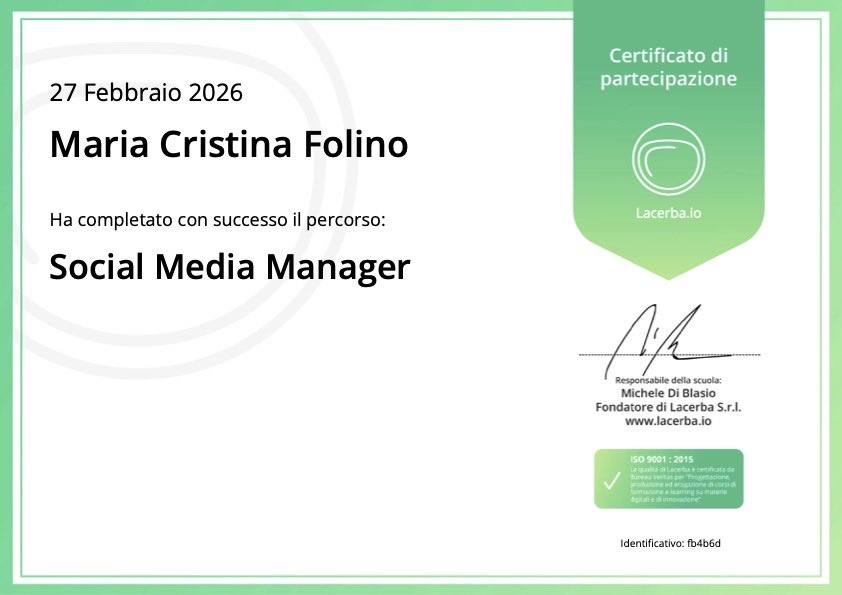 mcfolino's tweet photo. Con la certificazione finale del Corso Social Media Manager Online di @Lacerba_io si chiude un altro percorso formativo e di aggiornamento professionale.
Felice di aver scoperto punti di vista inediti.
E ora si va avanti, verso nuovi obiettivi 🚀 https://t.co/38Yy0tzwVx
