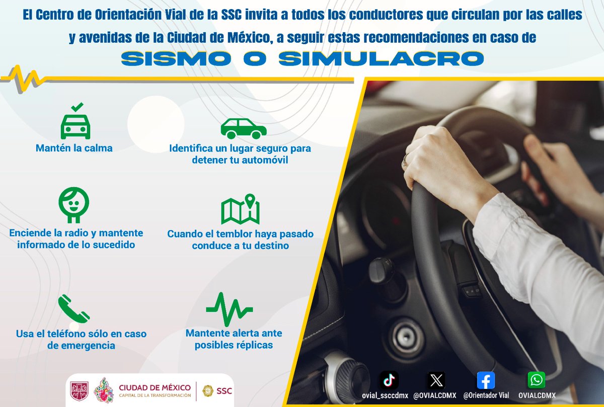 OVIALCDMX's tweet photo. 📢 | Si vas manejando tu automóvil y ocurre un #Sismo o #Simulacro, sigue estas recomendaciones. https://t.co/VUaZtRjcqQ