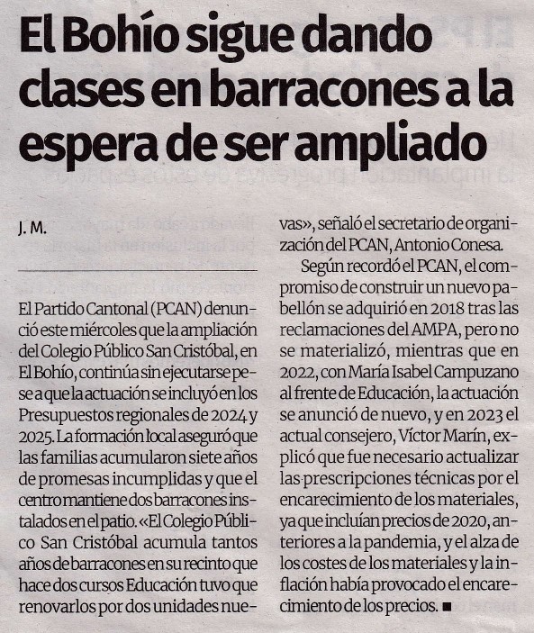 El diario La Opinión publica la denuncia del PCAN sobre la ampliación del colegio de El Bohío que sigue pendiente pese a su inclusión en los Presupuestos regionales de los dos últimos años. 
El AMPA soporta siete años de promesas incumplidas en un centro con aún dos barracones.
