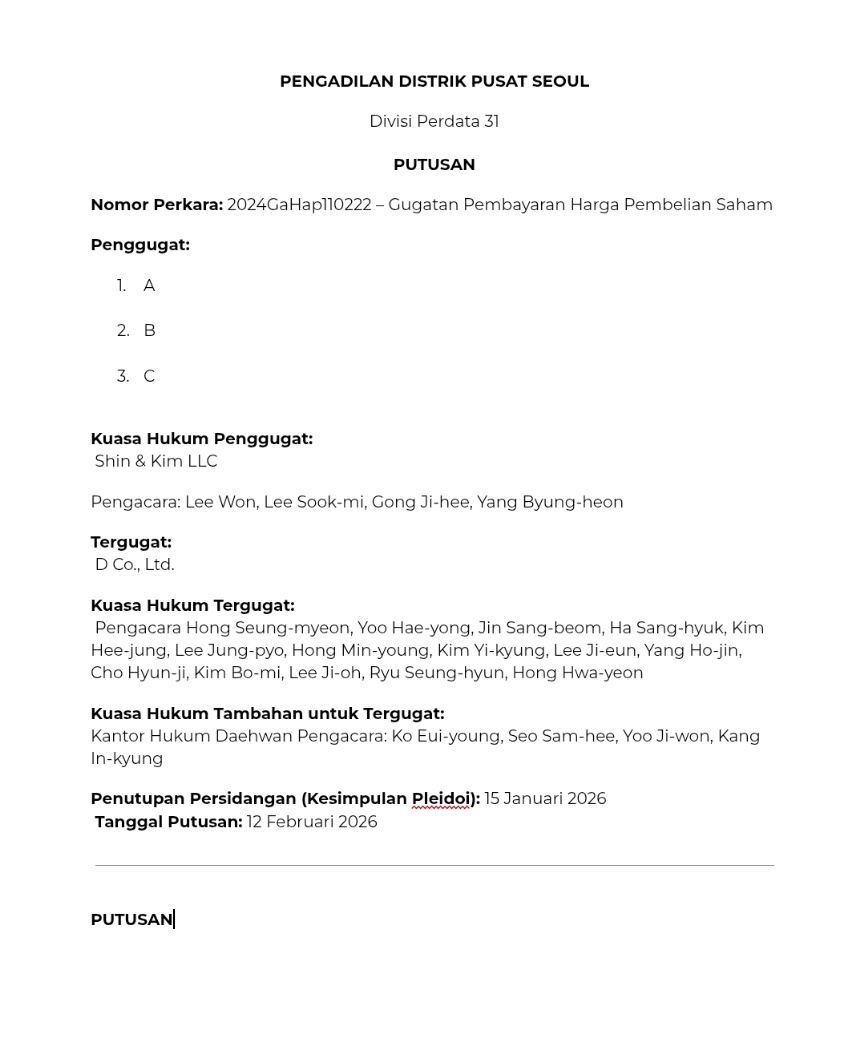 njz_updateidn's tweet photo. [DOKUMEN RESMI PENGADILAN]
Versi Bahasa Indonesia telah kami buat guna membantu pembaca memahami isi dokumen secara utuh dan akurat.
Detail lengkap 👇
https://t.co/nFQzV52418

Putusan perkara No. 2024Gahap110222 telah diterbitkan oleh Pengadilan Distrik Pusat Seoul (Divisi Perdata 31).
Perkara ini menyangkut klaim pembayaran put option berdasarkan perjanjian pemegang saham, dengan Min Hee-jin dkk sebagai penggugat dan HYBE sebagai tergugat.

Catatan: Mohon tidak menyebarkan potongan informasi tanpa konteks. Terjemahan disusun berdasarkan dokumen putusan resmi yang dipublikasikan pengadilan. Harap membaca secara lengkap sebelum menarik kesimpulan.