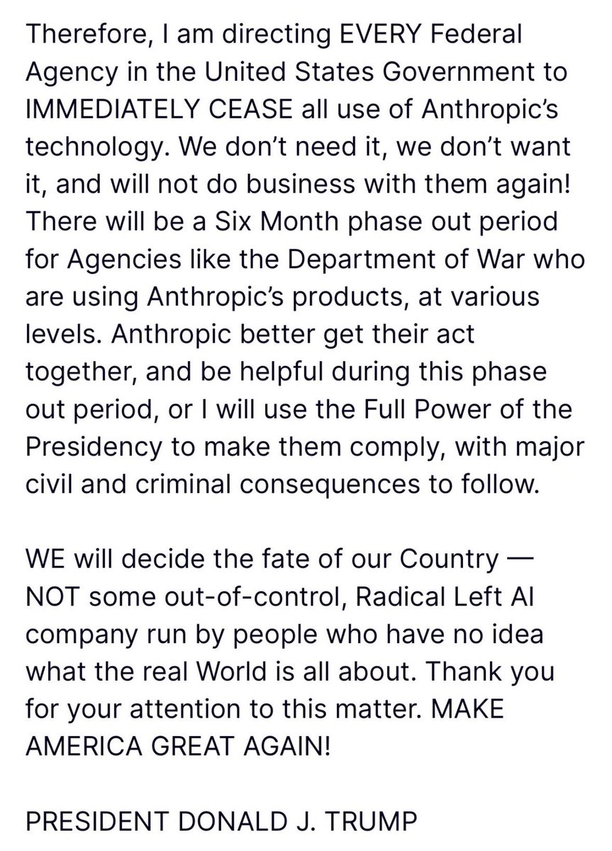 This is the Commander in Chief who thinks he should control autonomous weapons and mass surveillance systems while posting like this. Welcome to the world of leftist scum, Anthropic.