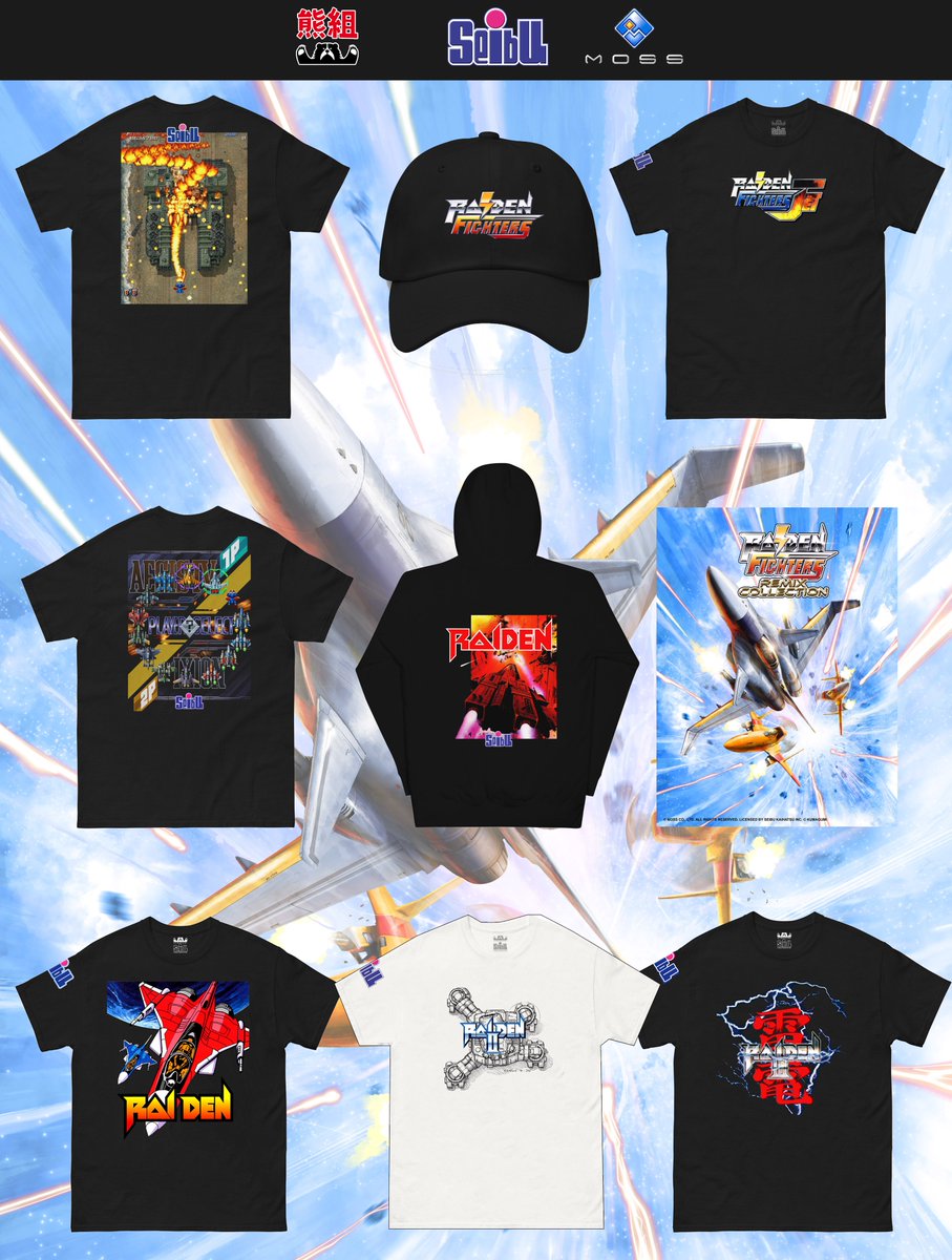 Where my fighters at ?! RAIDEN FIGHTERS Officially Licensed Collection in partnership with <a href="/moss_raiden/">株式会社モス 公式 (GAME/MOSS)</a>  and Seibu Kaihatsu is OUT NOW !! BONUS : We’ve also included classic designs from the legendary RAIDEN series.

Get it now before it's too late !!! kumagumi.com/collection/rai…