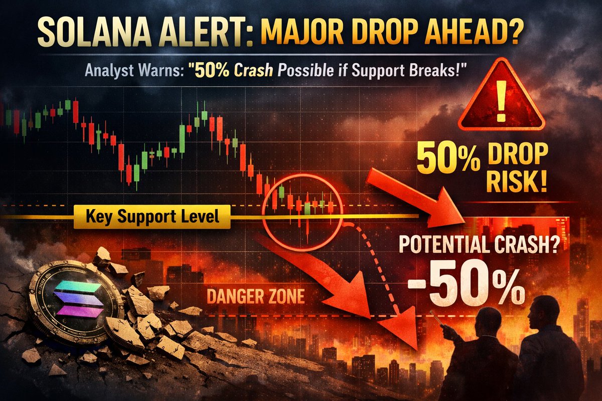 khanwithcrypto's tweet photo. 📉 TECHNICAL &amp; PRICE SIGNALS

Solana alert — possible sharp downside:

A technical analyst has warned Solana (SOL) could suffer a significant drop (potentially ~50%) if key support breaks, reflecting heightened risk among some alt coins.
#SolanaCommunity #CryptoMarket #Altcoin https://t.co/rDWCaiqen3
