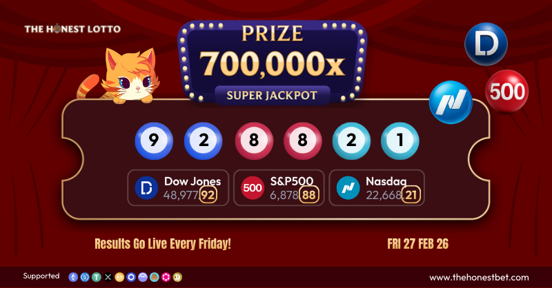 TheHonestLotto's tweet photo. Latest Jackpot Lotto Result Is Out! 🎉
Our super jackpot draw based on $DJI, $SPX, and $IXIC has been released!

✨Winning Number: 928821✨
Check your tickets and claim your 700,000x

$DOGE $XRP $AAVE $CAKE $USDT $USDC
Open Account: https://t.co/SWjWrfoN48 https://t.co/8L3RB9mx7G
