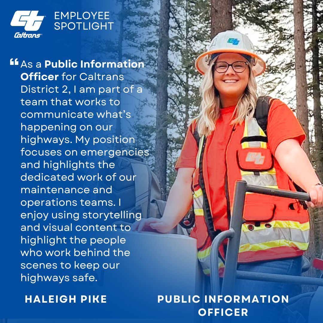 CaltransHQ's tweet photo. ✨ #EmployeeSpotlight
 
Meet Haleigh Pike, who is a Public Information Officer with Caltrans. She works with several team members to communicate highway updates, emergency information, and the dedicated work of our maintenance and operations teams.
 
#CaltransCulture #Work4Ca https://t.co/08mOEdt1CZ