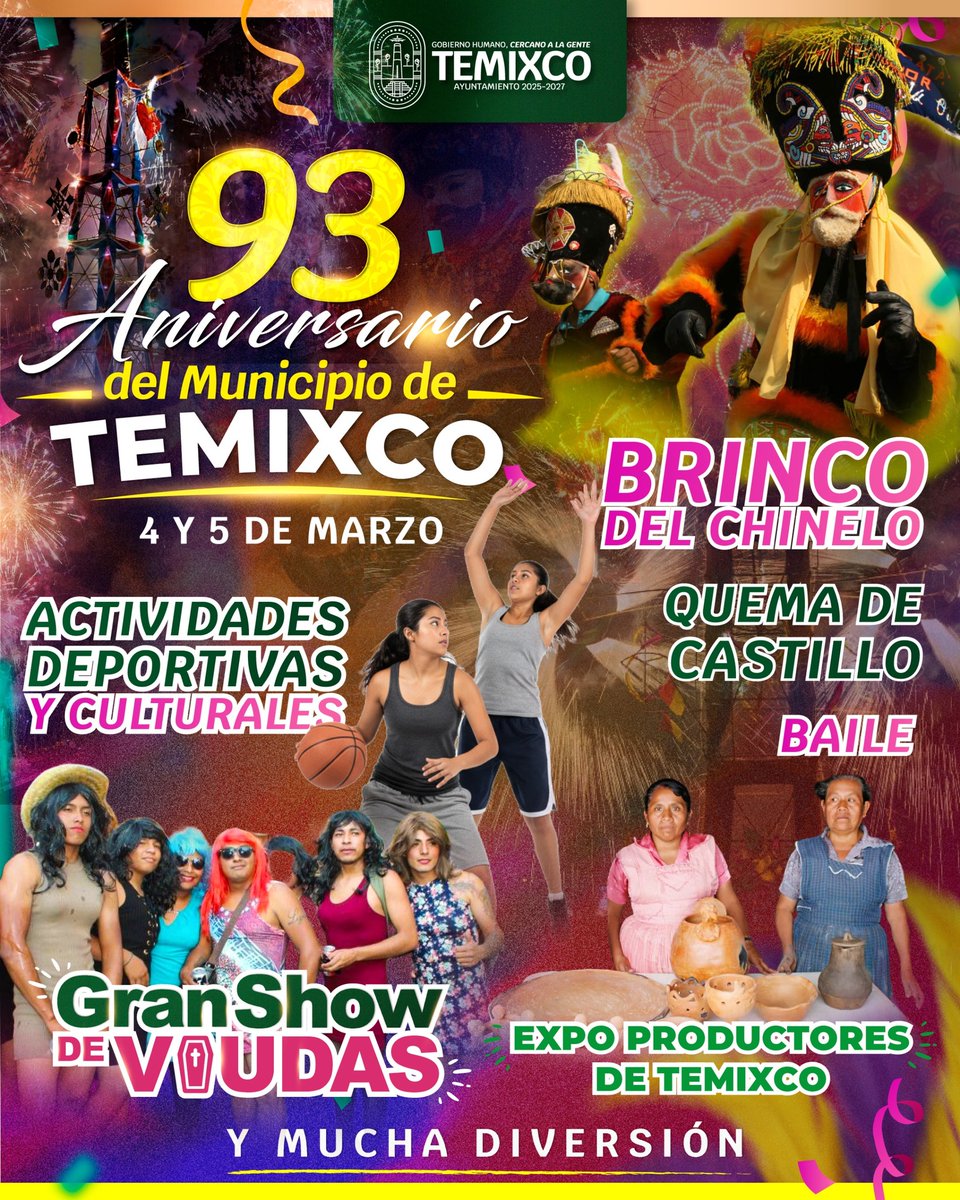 ¡Temixco celebra 93 años! 🎉🥳

El ayuntamiento de Temixco invita a toda la comunidad a festejar su 93° aniversario los próximos 4 y 5 de marzo. 
Habrá actividades deportivas, brinco del chinelo, quema de castillo, baile y muchas sorpresas más.
