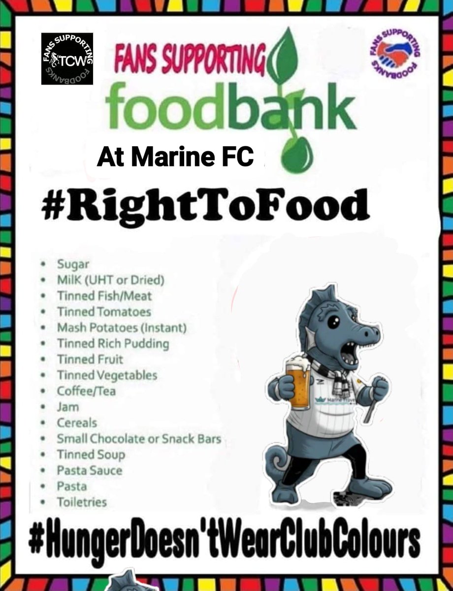 #TCW will be doing a foodbank collection with <a href="/SFoodbanks/">FANS SUPPORTING FOODBANKS #RightToFood</a> ahead of tomorrow's game <a href="/MarineAFC/">Marine Football Club</a> vs <a href="/wokingfc/">Woking Football Club</a> in the #FATrophy Quarter final.

Below is a list of stuff that foodbanks desperately need, with a crowd of over 2,000 we are hoping this will be the biggest collection weve