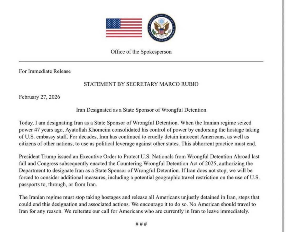 🇺🇸🇮🇷 | AHORA: En un comunicado, el secretario de Estado de EE. UU., Marco Rubio, designó a Irán como Estado patrocinador de detenciones injustificadas. Irán ha detenido rutinariamente a estadounidenses para usarlos como moneda de cambio en marcos de negociación o para obtener