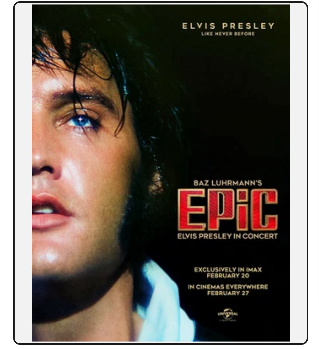 #EPiCMovie. Just got back from seeing this at the cinema.  Baz Luhrmann's film showing lost footage from Elvis Presley's Las Vegas shows.  It was absolutely epic!  Absolutely amazing!  
There really was and never will be anyone like Elvis.  Io absolutely love him 😍. <a href="/bazluhrmann/">Baz Luhrmann</a>