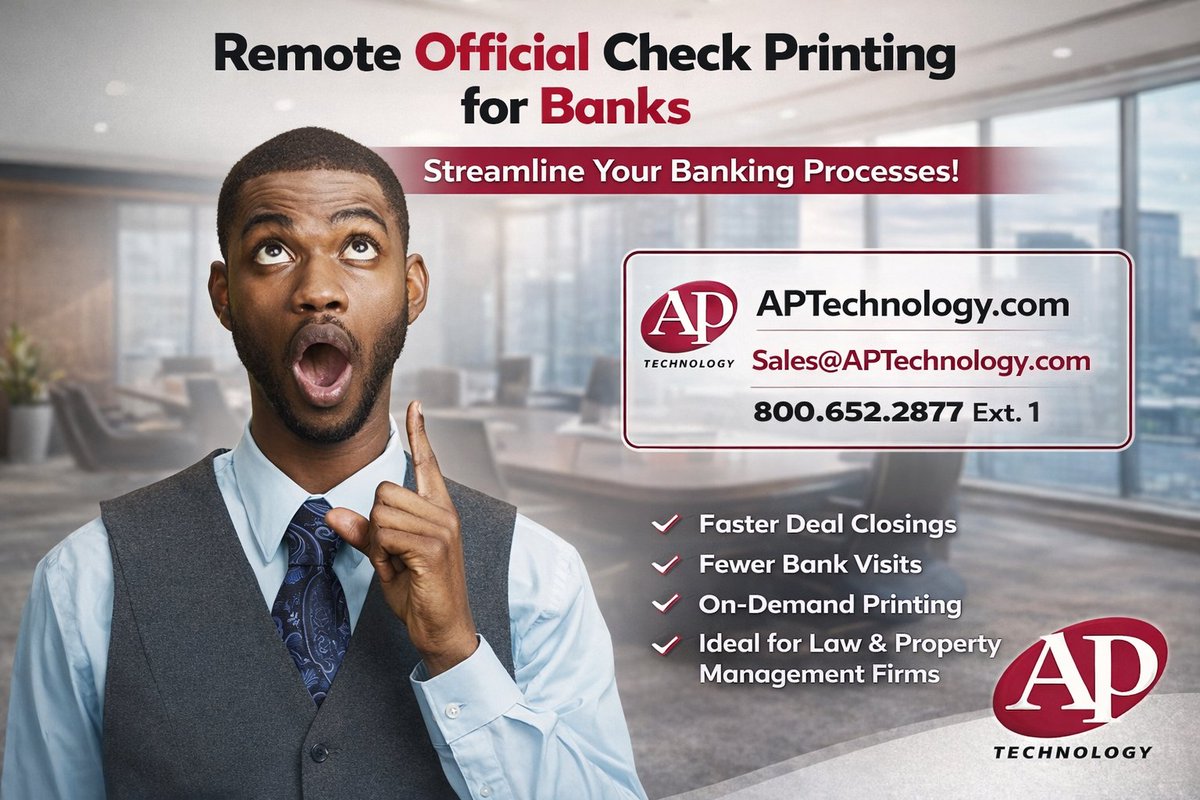 #Banks, increase deposits from business customers. Offer #RemoteOfficialCheckPrinting for faster deal closes and fewer bank visits. Multi-payment options and Payee Deposit Choice. Automated, configurable workflows. #Secure32 replacement, too. aptechnology.com