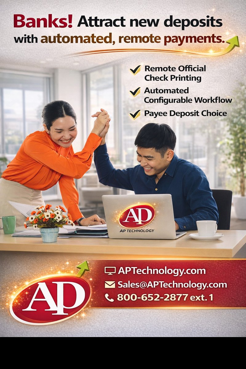 #Banks! You can increase deposits from #business customers, even in areas where you have no branch locations. Multi-payment options such as  #RemoteOfficialCheckPrinting. Configurable workflows. Even #Secure32 replacement. AP Technology. aptechnology.com