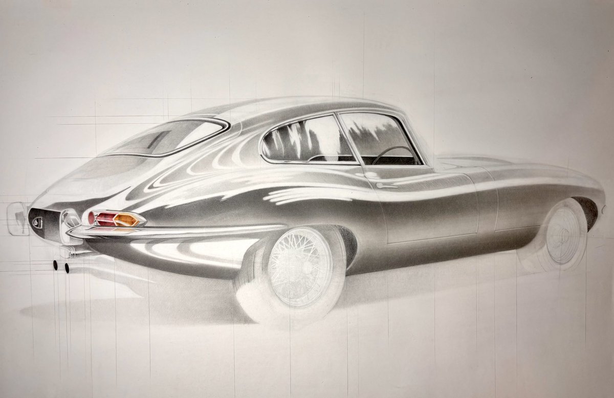revslimiter's tweet image. Close to the next stage of this drawing. Nice not having pressure to rush it. 
Jaguar E Type - A1 pencil (54cm x 82cm).  Much tea drunk, many a chilled playlist, and grateful for noise cancelling headphones. 
#arttherapy #mindfulness #sketchbook #sketching #mentalhealthrecovery