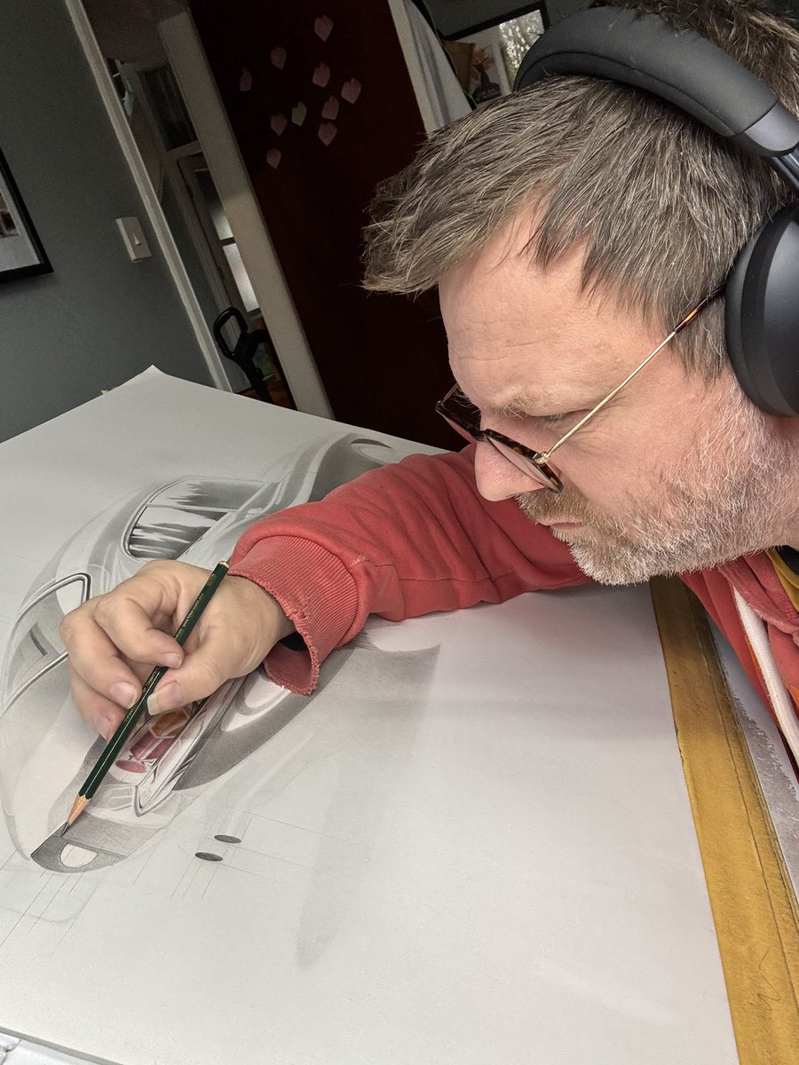 revslimiter's tweet image. Close to the next stage of this drawing. Nice not having pressure to rush it. 
Jaguar E Type - A1 pencil (54cm x 82cm).  Much tea drunk, many a chilled playlist, and grateful for noise cancelling headphones. 
#arttherapy #mindfulness #sketchbook #sketching #mentalhealthrecovery