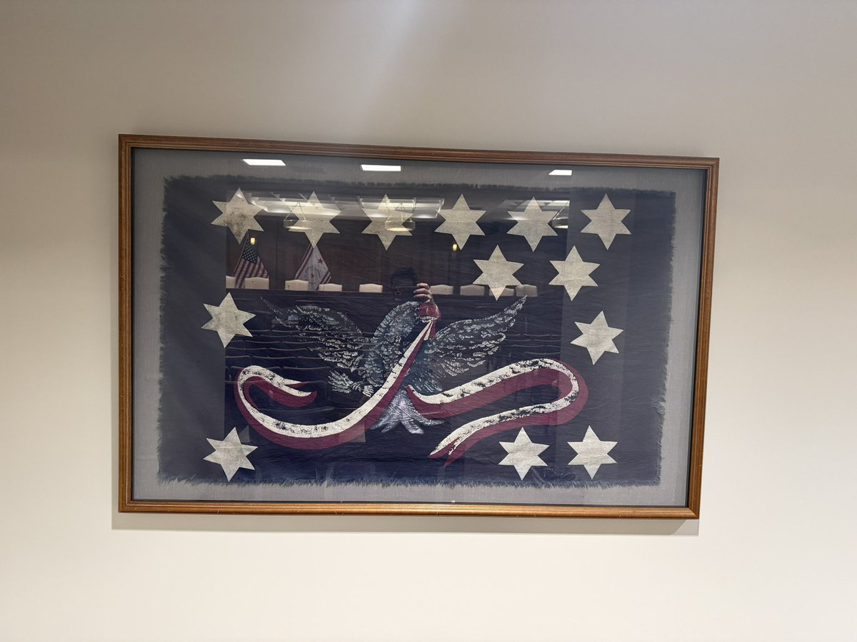 ChrisRodes3's tweet photo. Standing in awe before threads of our nation’s birth.
From the Grand Union Flag (1775–1776) that flew over Washington’s army—still bearing the Union Jack as hope lingered for peace—to the legendary Betsy Ross 13-star circle (1777), symbol of independence and equality.
Then the fierce eagle cantons of the 19th century: hand-embroidered guardians of liberty, carried by militia and patriots through wars and peace.
These tattered, preserved banners remind us: freedom was fought for, not given. Honor the flag. Honor the fight. 🇺🇸🦅 #AmericanHistory #OldGlory #RevolutionaryWar #Patriotism”