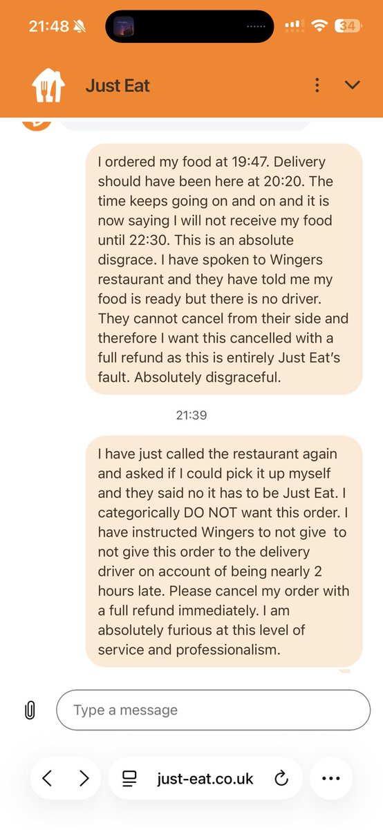 AllyMcCartney10's tweet photo. @JustEatUK X seems to have removed my original post so I’ll try again. Please can someone contact me asap, I am absolutely furious at this level of incompetence and unprofessionalism. My order now says it will arrive at 23:45. Unacceptable! https://t.co/v22iPWTTBl